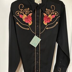 Roper Black Snap western Shirt with Red Floral Embroidery